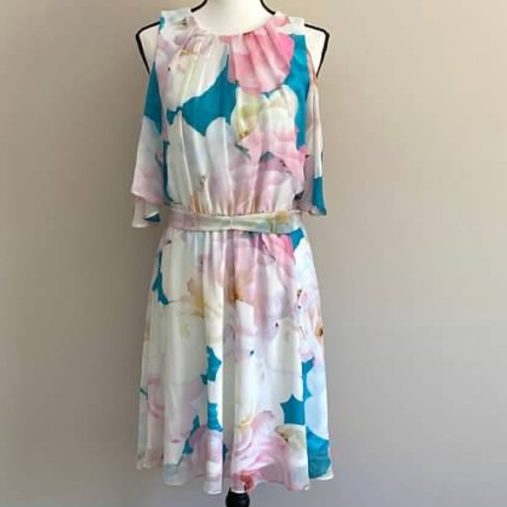 Calvin Klein Floral Chiffon Cold Shoulder Dress